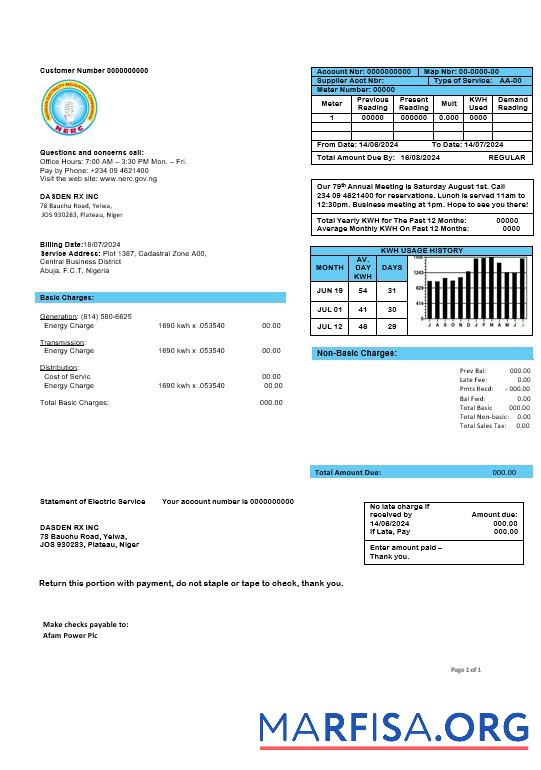 Downloadable Nigeria Nigerian Electricity Regulatory Commission electricity business utility bill template in Word and PDF formats